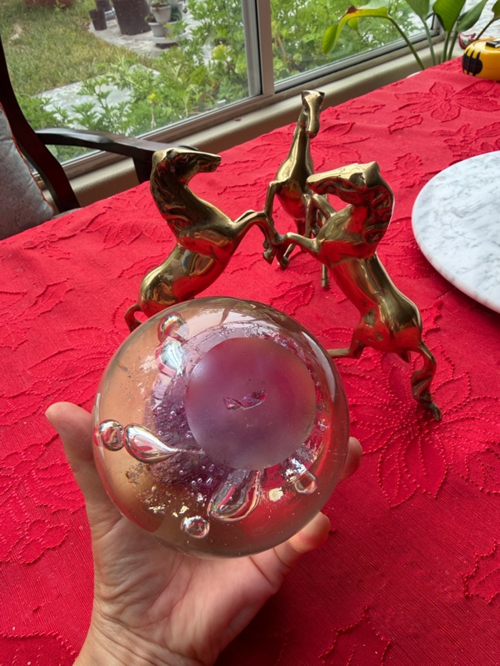 3 Brass horses Sculpture Crystal Orb Holder with Glass Sphere 10” tall - Picture 5 of 10